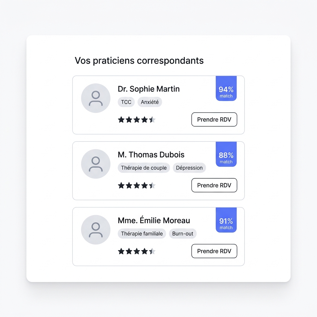 Résultats du matching avec profils praticiens